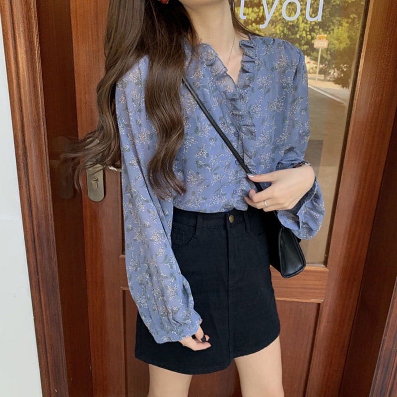 BEFAST - ZEC OOTD KEMEJA SHENA / Chaera Korean Blouse / Fashion Kekinian Remaja ABG / Kemeja Wanita Keluaran Terbaru / Hem Lengan Panjang / Pakaian Casual Wanita Kerja / Outfit Ala Korean Style Wanita / Kemeja Motif Bunga