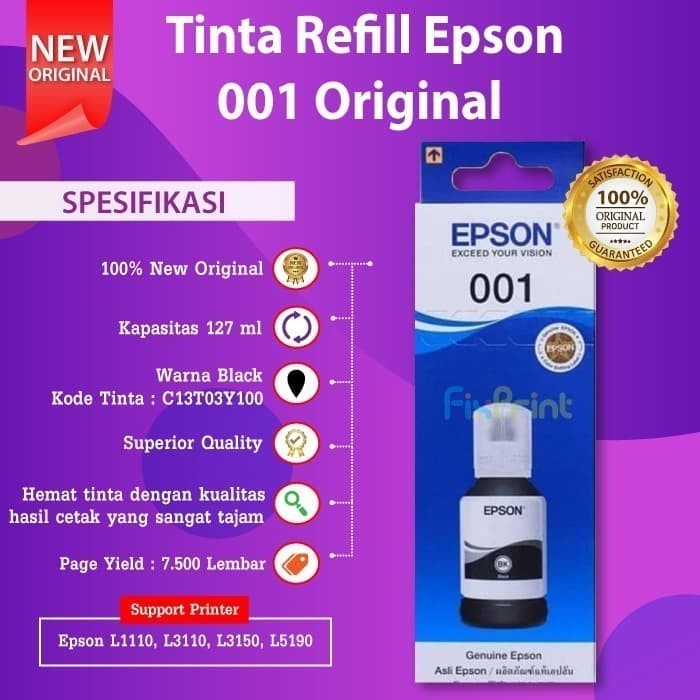 Tinta Refill Epson Original 001 70ml Black Cyan Magenta Yellow Tinta Refill Printer Epson L4150 L4160 L6160 L6170 L6190 L6290 L4266 L14150