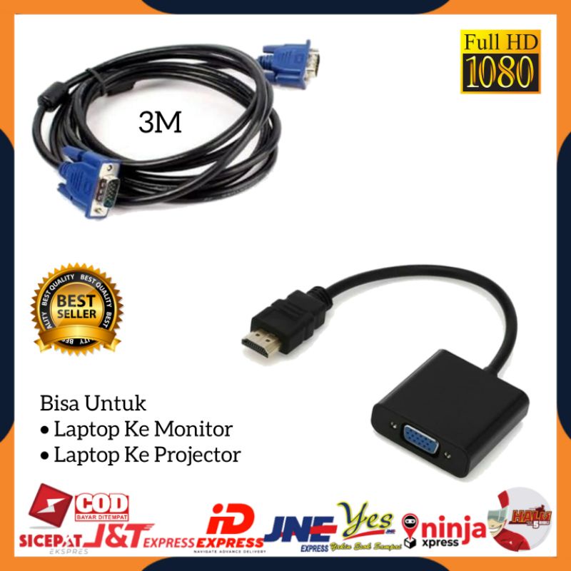 [COD] KABEL VGA DIGITAL MALE TO MALE 3 METER + KONEKTOR ADAPTER CONVERTER HDTV MALE TO VGA FEMALE / DARI LAPTOP KE PROYEKTOR &amp; MONITOR