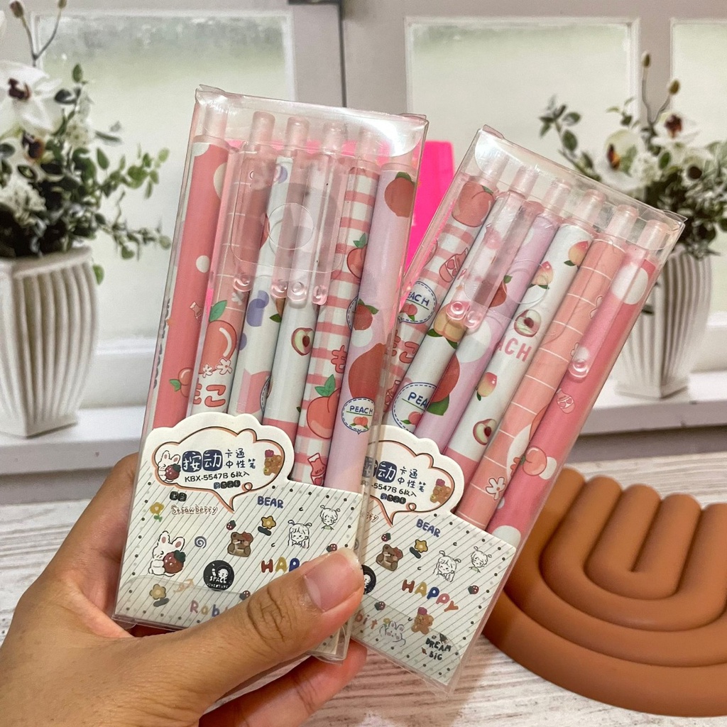 PULPEN CETEK ERASABLE MOTIF PEACH CUTE 1 PACK ISI 6 PCS HARGA TERMURAH PEN CETEK MEKANIK GAMBAR BUAH PEACH IMUT LUCU ALAT TULIS FANCY SEKOLAH DAN KANTOR READY GROSIR DAN COD