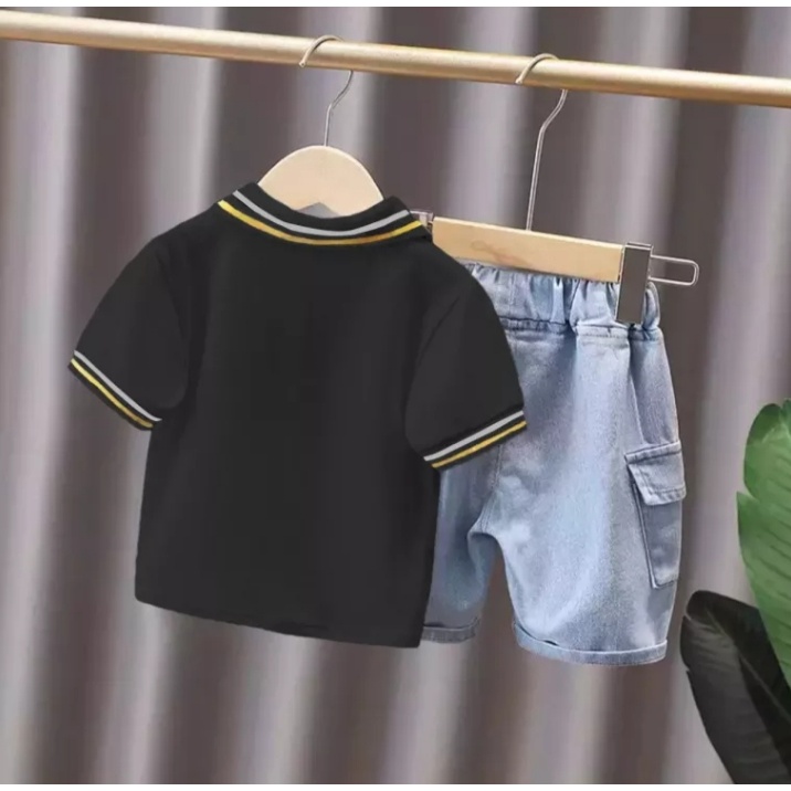 PAKAIAN ANAK LAKI-LAKI DAN PEREMPUAN USIA 1-5 TAHUN  NEW FASHION TERLARIS HARGA GROSIR MOTIF POLO PANDA 278 SETELAN PENDEK DENIM KAOS POLO TRANDY  2022