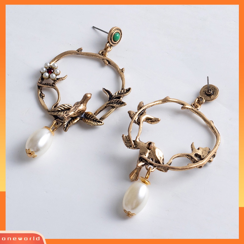 [WONE] Retro Wanita Garland Drop Bunga Burung Mutiara Imitasi Ear Stud Earrings Perhiasan Pesta