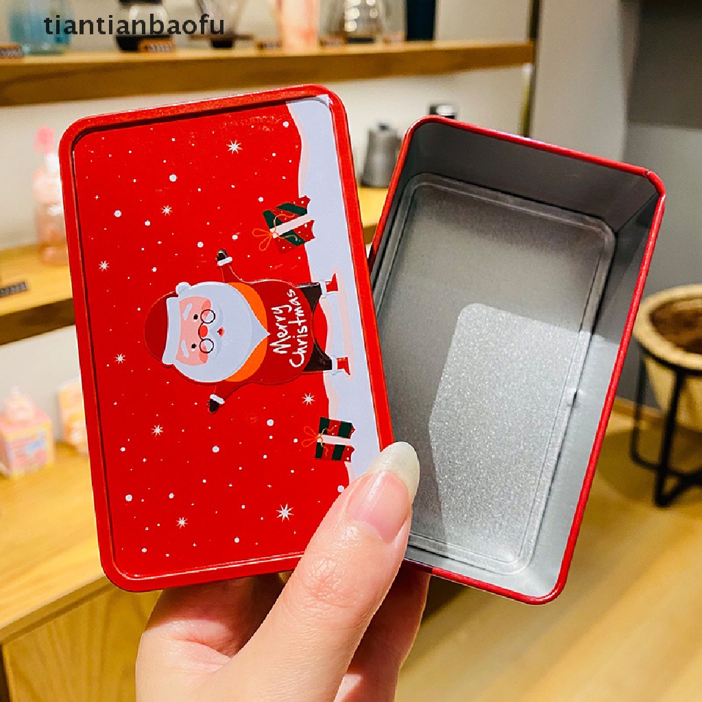 [tiantianbaofu] Christmas Storage Tin Box Portable Persegi Natal Cookie Tins Santa Tinplate Candy Box Kotak Hadiah Wadah Penyimpanan Logam Rumah Butik