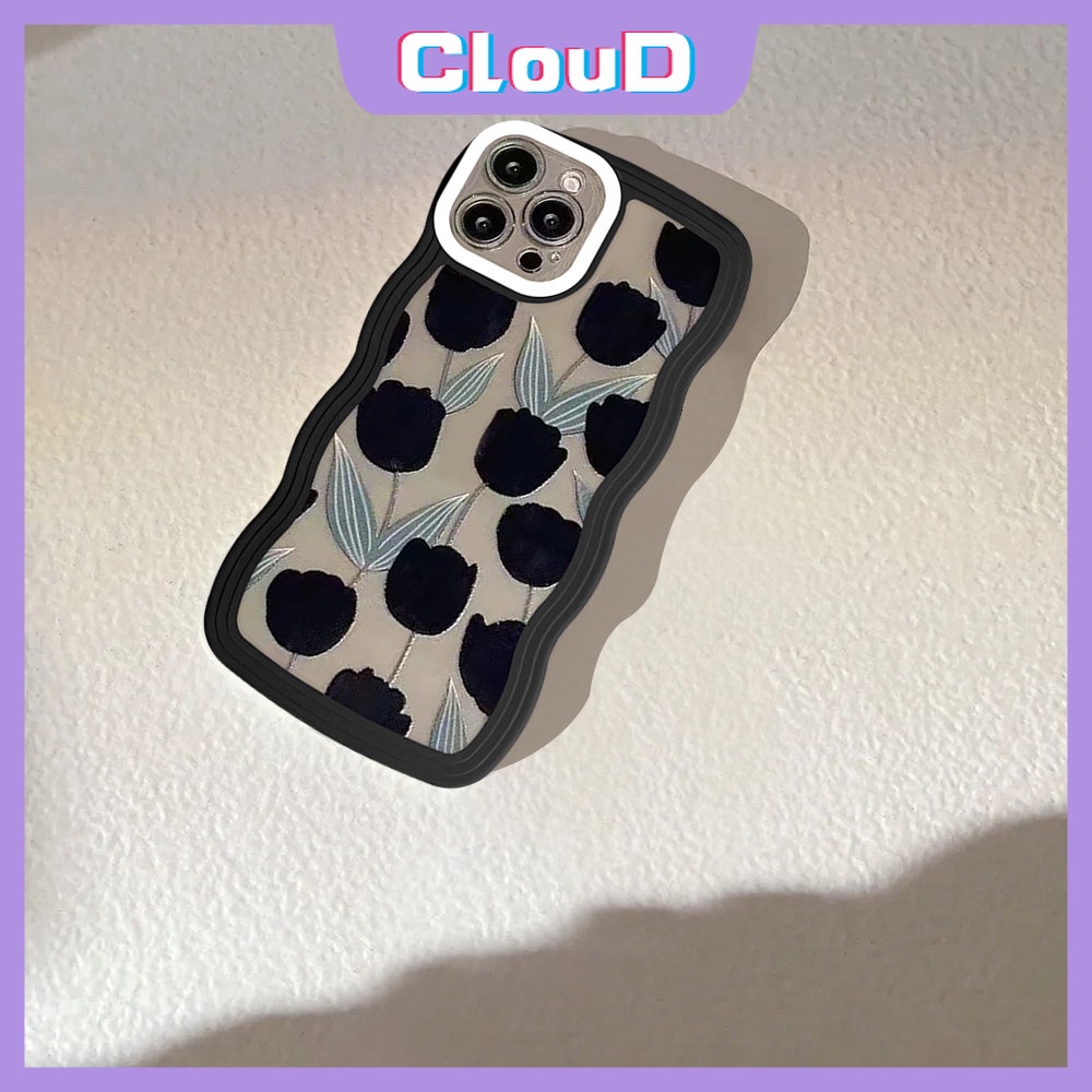 Oppo A17 A15 A16 A57 A95 A5s A96 A54 A74 A3s A16s A17K A55 A12 A76 A77s A77 A7 A1k A16K A53 A5 A9 2020 A52 Reno 8 7 7Z 8Z 6 A12E Soft Tpu Wavy Edge Retro Tulip Hitam Sarung Kembang