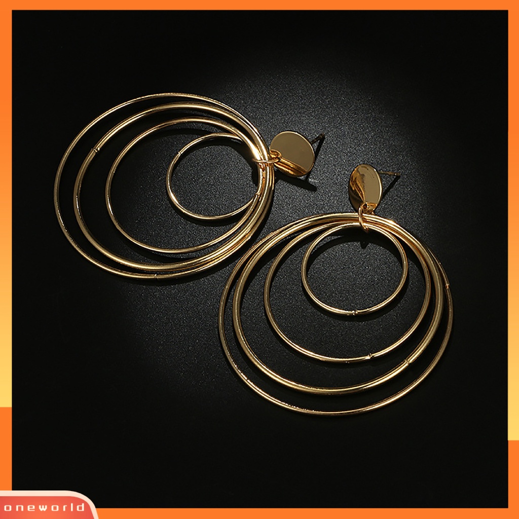 [WONE] Kawat Ear Loop Spring Geometri Multi-circle Retro Berlebihan Anting Paduan Emas Untuk Anniversary