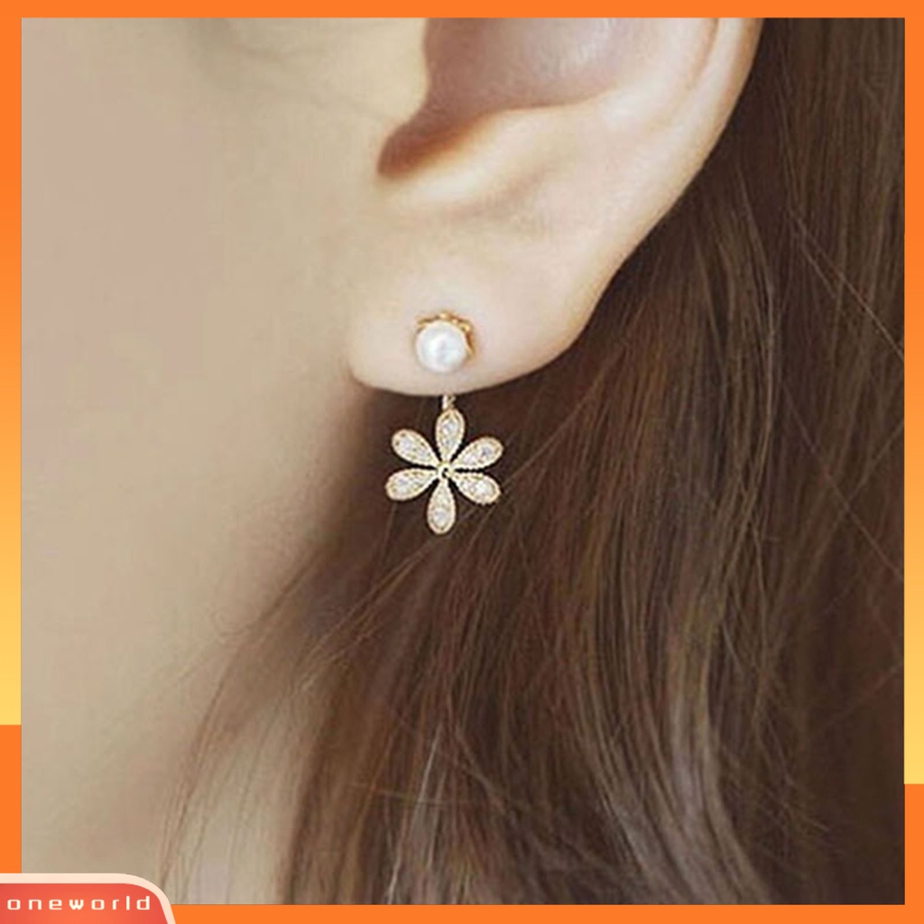 [WONE] Anting Wanita Earrings Shiny Antikarat Alloy Berlian Imitasi Bunga Mutiara Imitasi Ear Studs Untuk Belanja