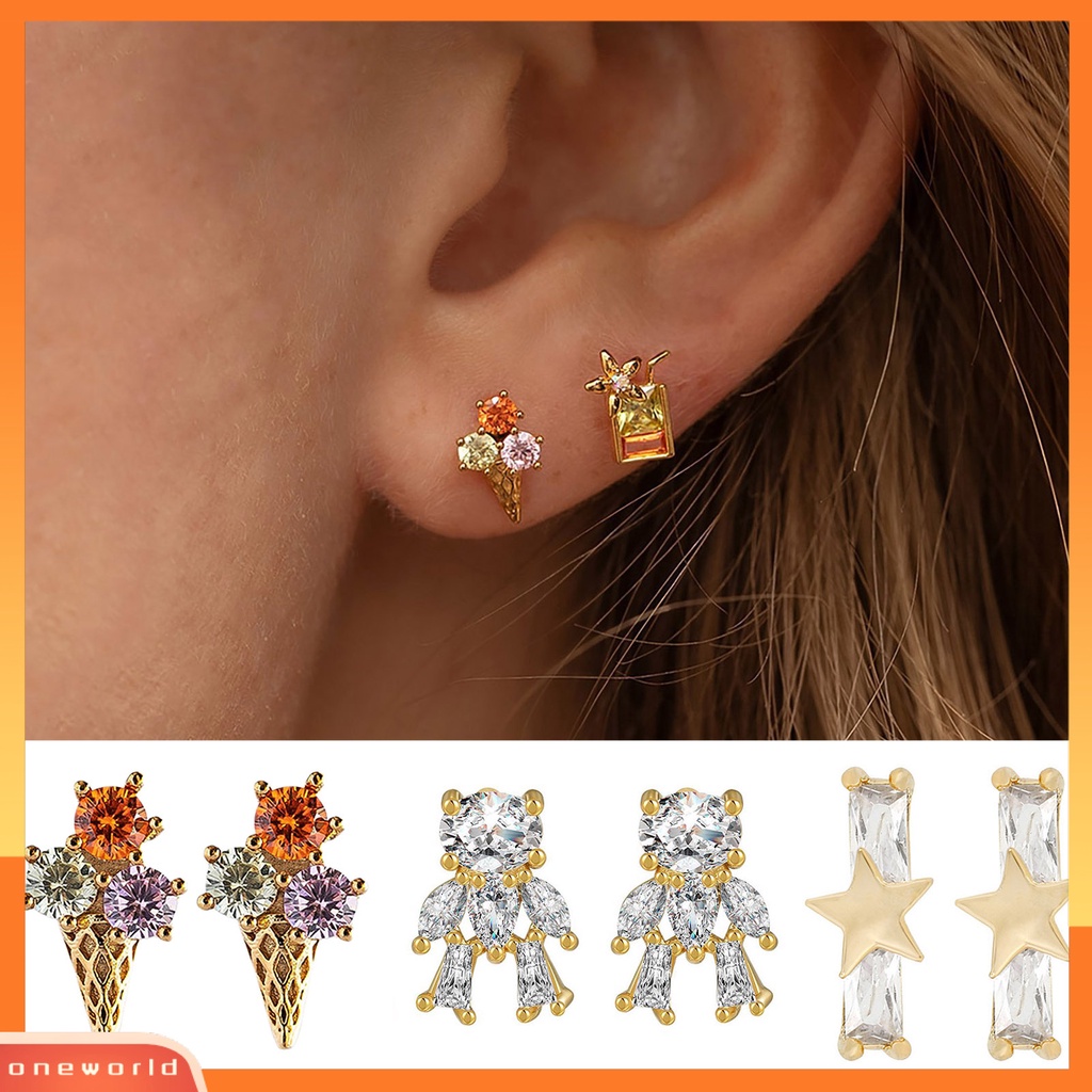 [WONE] Kupu-kupu Bentuk Gadis Anting Warna-Warni Kuningan Bentuk Mahkota Berlian Imitasi Shiny Ear Studs Perhiasan Pernikahan