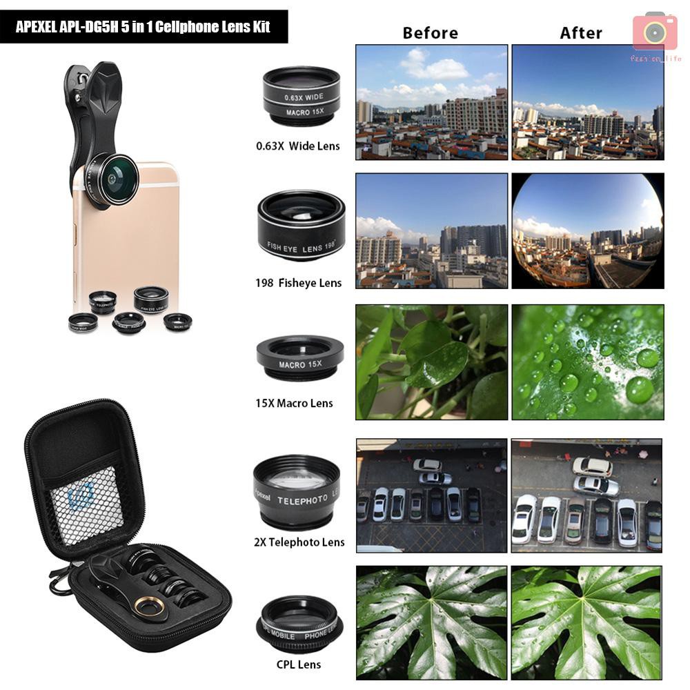 APEXEL 5 in 1 Lensa CPL Fisheye Macro Telephoto Wide Angle Lens - APL-DG5H - Black - 5VSC1GBK
