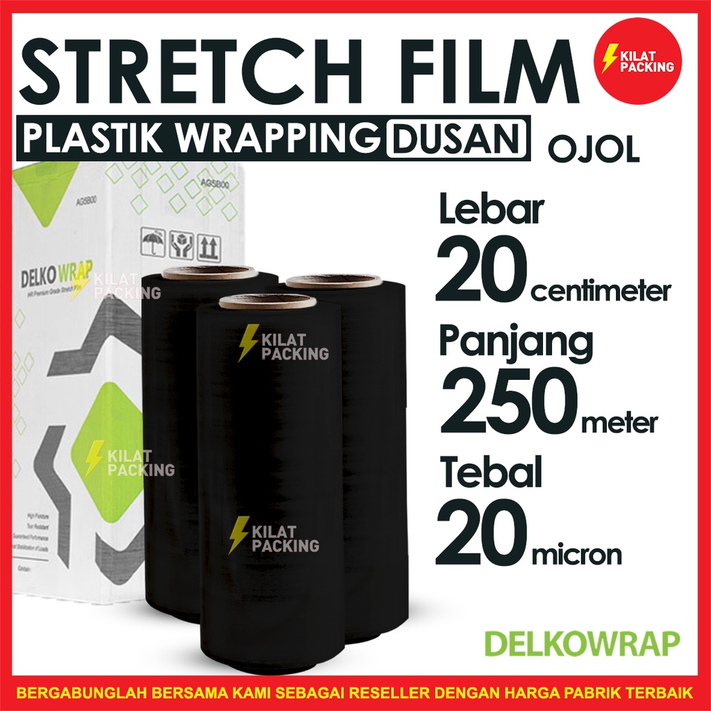 

PLASTIK WRAPPING BARANG HITAM 20CM X 250M STRETCH FILM DELKOWRAP PLASTIC WRAP TERMURAH 1 DUS GOJEK/GRAB 14 Pcs