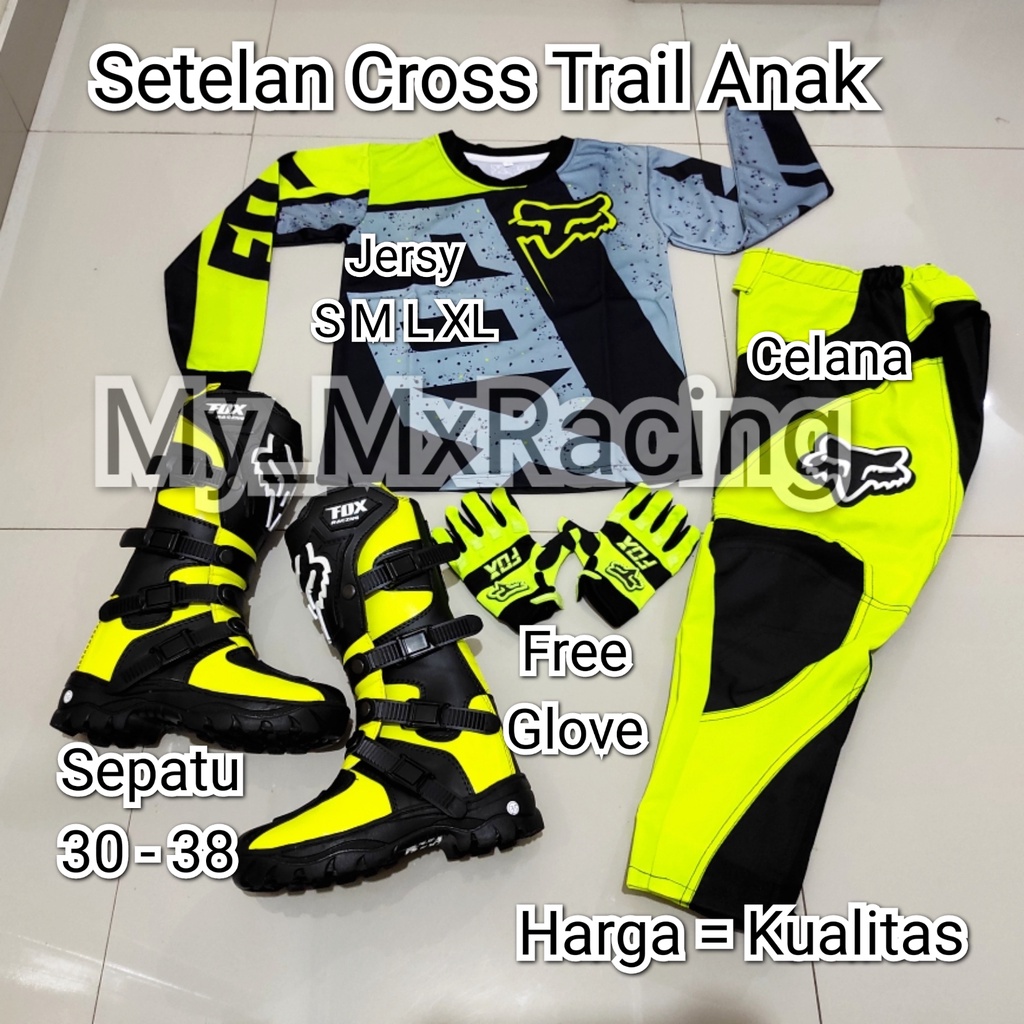 sepatu trail cross anak fullset jersey baju cross trail anak celana anak cocok usia 4 - 12thn ,bonus sarung tangan terlaris printing jerset anak stelan ke gunung offroad kode 001 bisa bayar di tempat