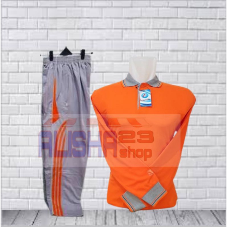 Setelan baju olahraga wanita / setelan training kaos kerah lengan panjang orange abu //  set kaos be