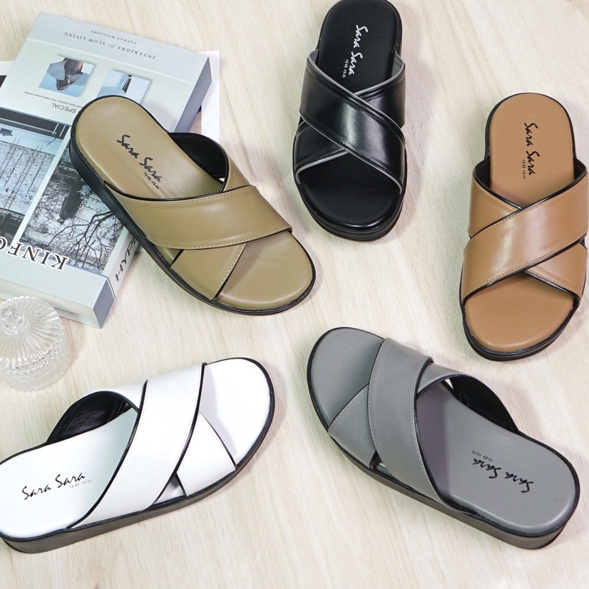 SARASARA YUK - Sandal Wanita Wedges SARA SARA NIKKI Sendal Cewek Platform Wegdes Hak Tinggi 4cm Model Silang 2 Size 35 36 37 38 39 40 Pergi Jalan Santai Rumah Slop Warna Grey Abu Selop Premium Kekinian Terbaru Shoes ORI Mall Official Store