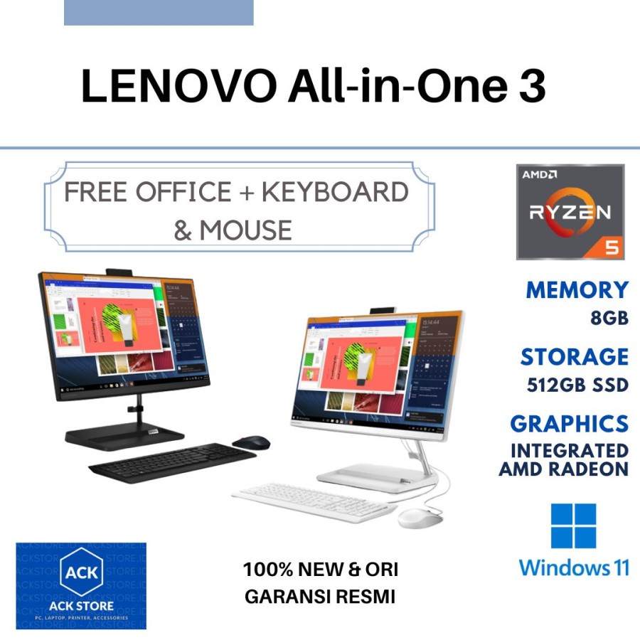 Lenovo AIO 3 C2ID C3ID R5-5500U 8GB SSD 512GB Win11 OHS 23.8" IR CAM