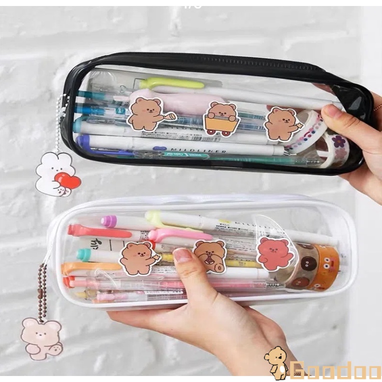 （COD）Tempat Pensil Transparan Bahan PVC Zipper Resleting Besar Tempat Pensil  Korea Lucu Kartun Alat Tulis-Doo