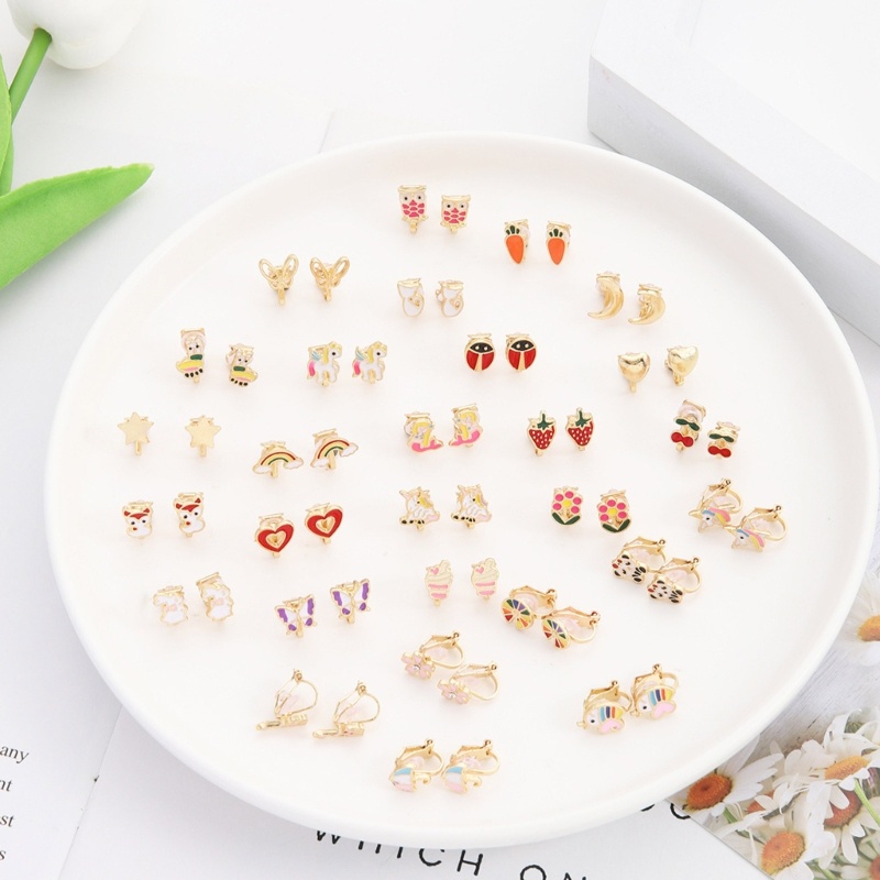 Sa 28pasang Anting Clip-on Warna Campur Cocok Untuk Telinga Non Bolong Hewan Cantik Bunga Hati Buah Anting
