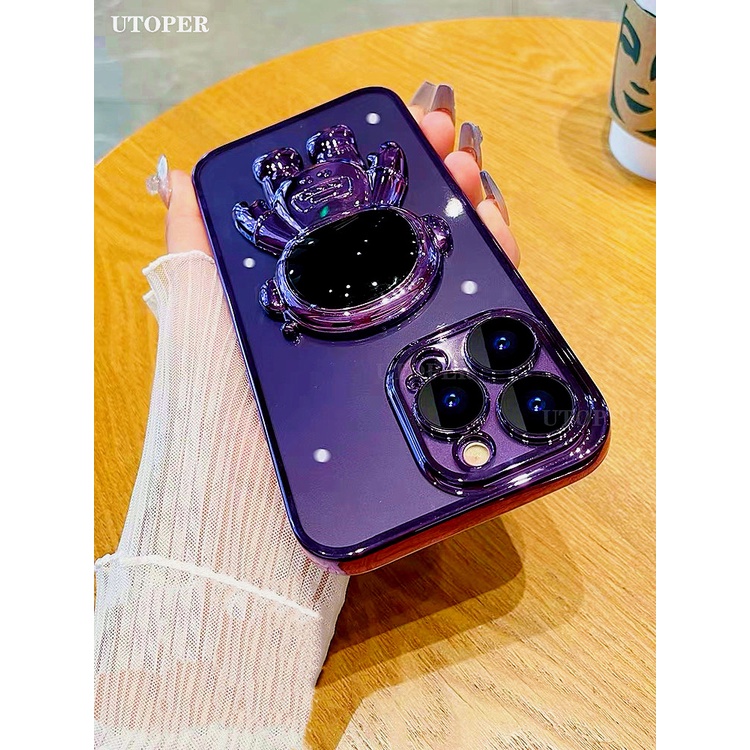 IPHONE Nasa Astronot Lipat Stand Holder Pelindung Lensa Cover Case Untuk Iphone11 12 13 14 Pro MAX Mini XS MAX XR X7 8 Plus SE2 2020 Mewah Plating Shockproof Matte Clear Cover