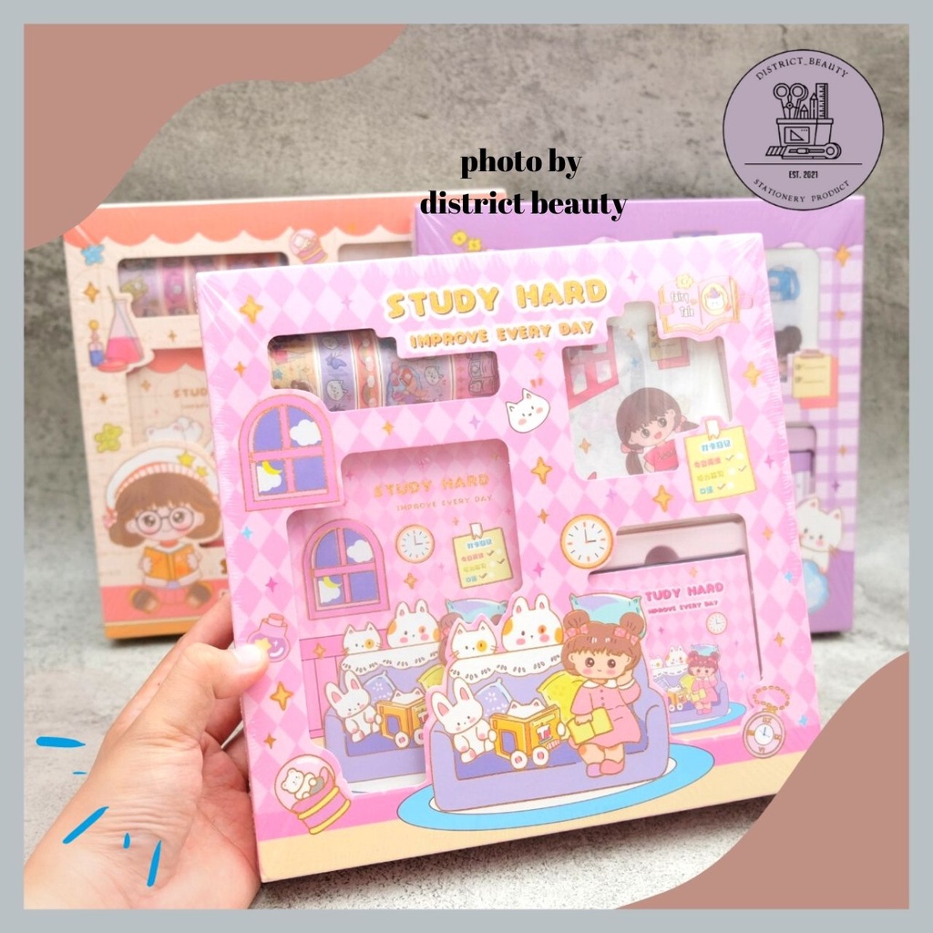 

JURNAL 4 IN 1 S001 STUDY HARD JURNAL MINI notebook hard cover a5 washi tape glitter sticky notes stiker kertas