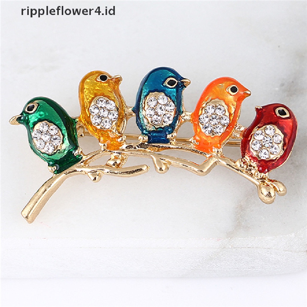 {rippleflower4.id} Enamel Lima Burung Bros Pin Kristal Berlian Imitasi Kerah Klip Hewan Bros Hadiah~