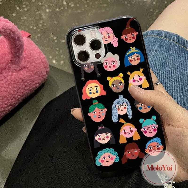 IPHONE Ins Fashion Kreatif Kartun Lucu Kartun Avatar Glossy Case Kompatibel Untuk Iphone12 11 13 14 Pro Max XR 7Plus 8plus7 8 14 Plus X XS Max SE 2020halus Lembut Tpu Hitam Penutup Belakang