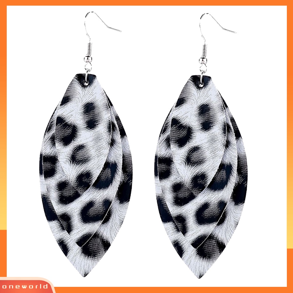 [WONE] Wanita Leopard Triple Layer Bentuk Daun Kulit Imitasi Anting Kait Menjuntai Panjang