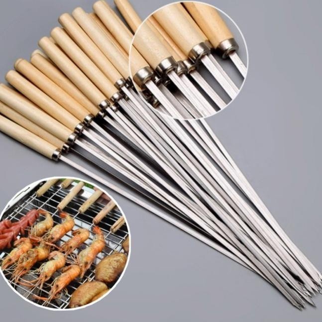 Alat Tusuk Sate BBQ Stainless Steel Gagang Kayu Skewer Besi Barbeque A