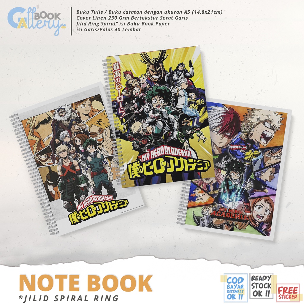 

[SP] Buku Tulis / Buku Catatan / Note book Anime Boku no Hero Academia Jilid Ring Spiral Dengan isi Book Paper Garis/Polos 50 Lembar Free Poster dan Stiker Ukuran A5