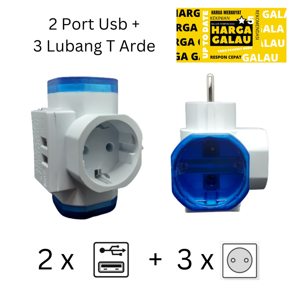 Colokan 2Usb + 3 lubang Arde SNI / T Multi 2 Port Usb Cabang 3 Socket Power