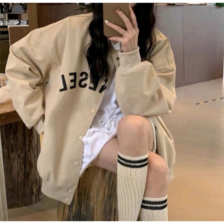 Jacket Varsity CHINE NESSEL Sweater Baseball Pria Wanita Kasual Santai Ala Korean Fashionable Stylish