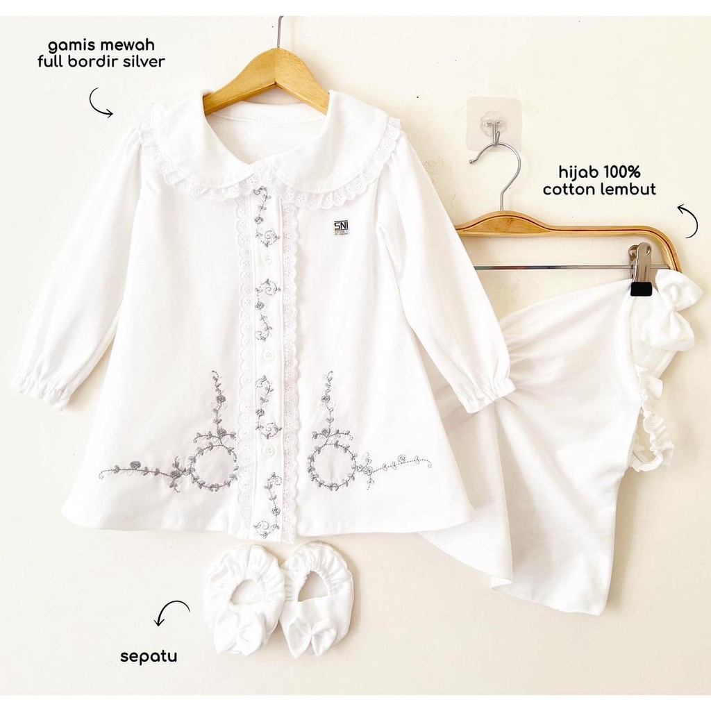 GAMIS MEWAH AQIQAH /PURE WHITE Baju setelan dress muslim lebaran bandana sepatu lucu cantik anak bayi cewek perempuan