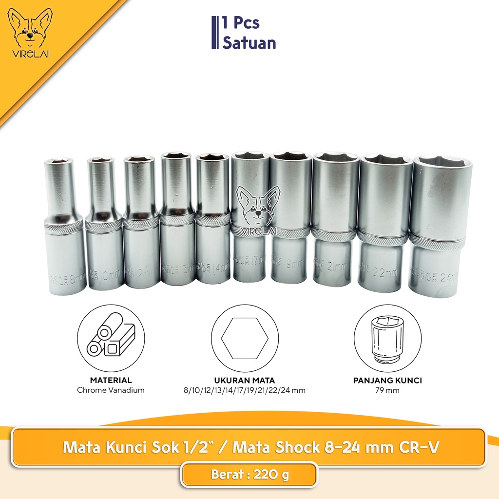 [SILVER PANJANG] Mata Kunci Sok 1/2&quot; / Mata Shock 8-24 mm CR-V