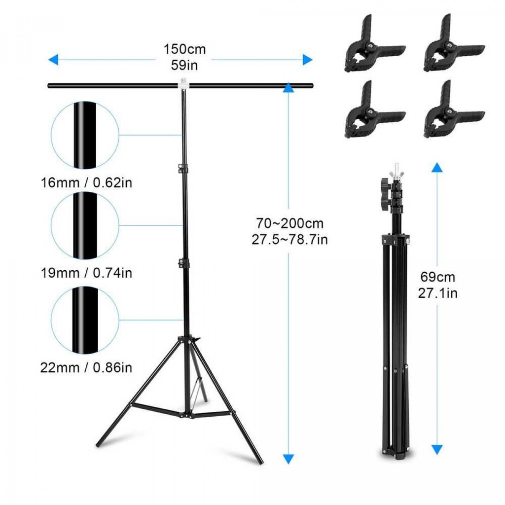 Tripod T Bracket Backdrop Taffstudio 150x200cm with 4 Clamp