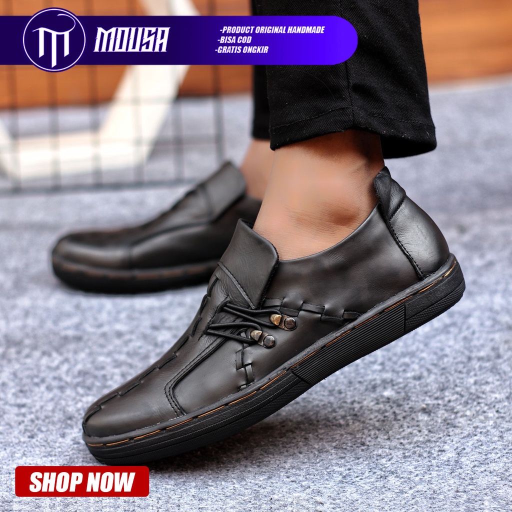 Sepatu  pria Slip On Casual Kulit Asli Kerja Kuliah Kondangan Hitam Mousa Aligator