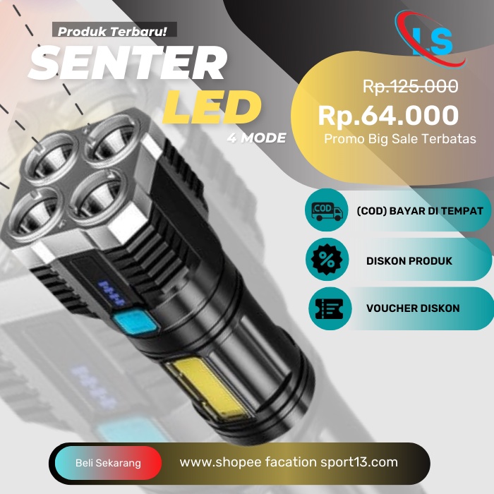 Lampu Senter LED 4 Mata + P900 COB Super Terang / Emergency Flashlight Searchlight USB Rechargeable LS