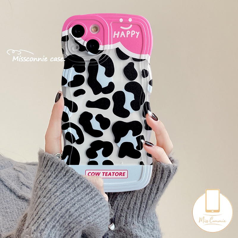 IPHONE Case Kompatibel Untuk Iphone6 6s 87 Plus XR 11 Pro Max14 13 12 Pro Max 14Plus X XS Max SE 2020 Wavy Edge Cute Denim Patch Happy Leopard Print Bening Lembut TPU Pasangan Ponsel Case