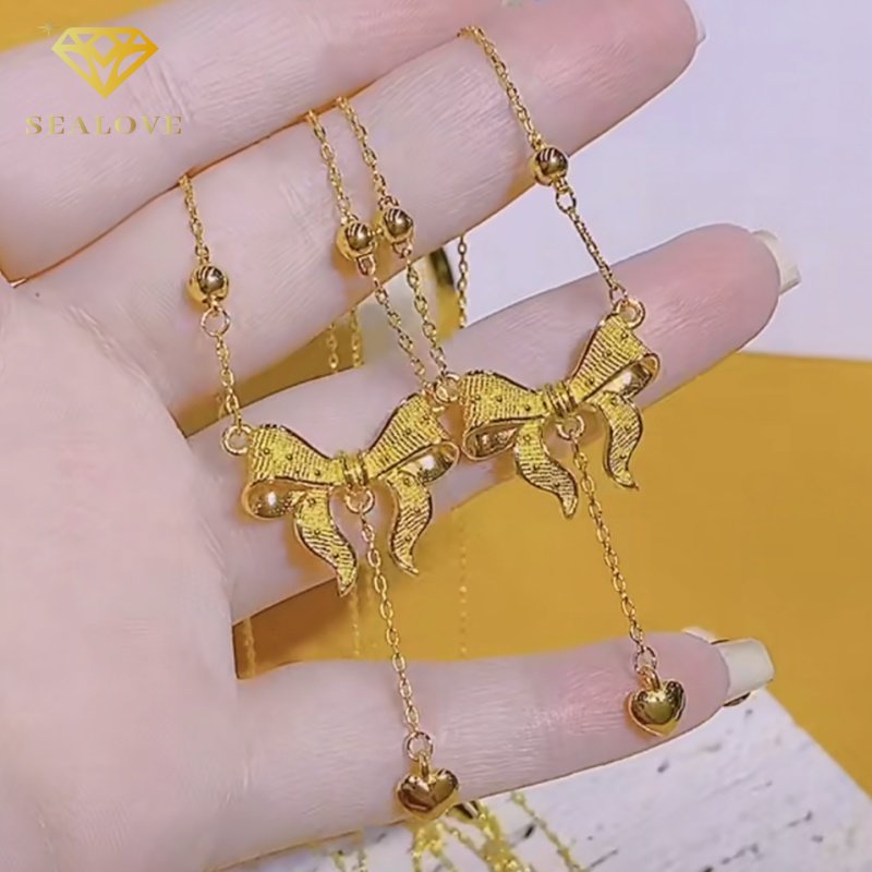 Kalung titanium wanita Anti Karat busur emas perhiasan Fashion Korea