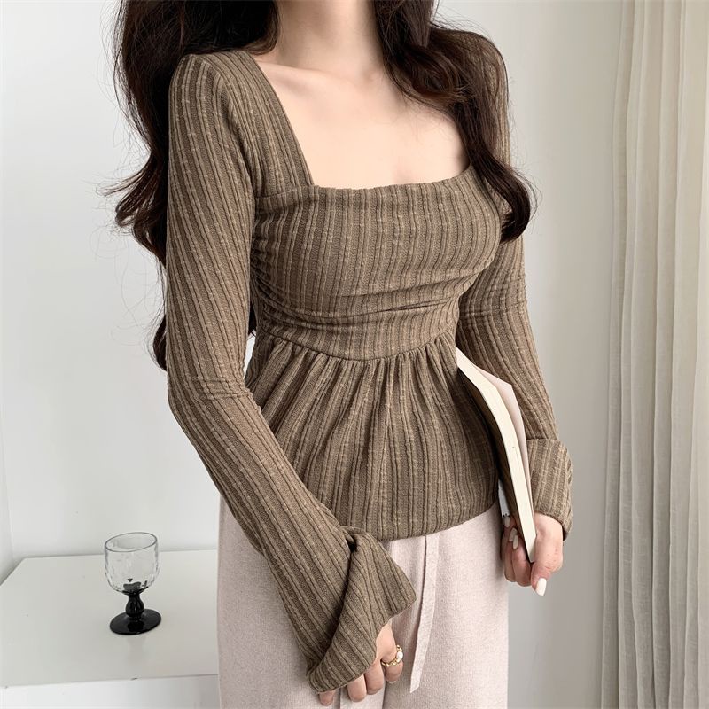 ﹍✼Suhao gaya hasrat murni hot girl square collar long-sleeve t-shirt wanita musim gugur dan musim dingin trumpet sleeve bottoming shirt dengan slim fit dan thin belly cover top