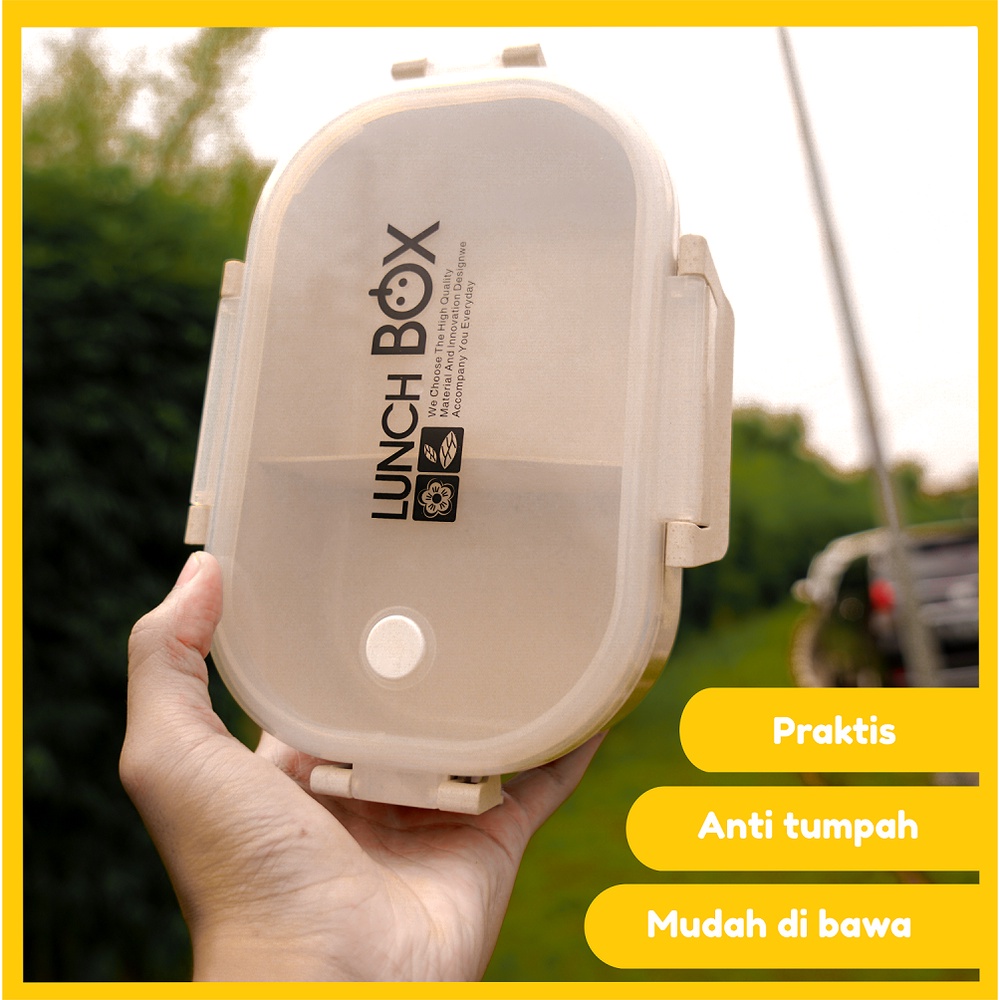 Tempat Kotak Makan Lunch Box Oval 2 Sekat Jerami Gandum Free Sendok PREMIUM