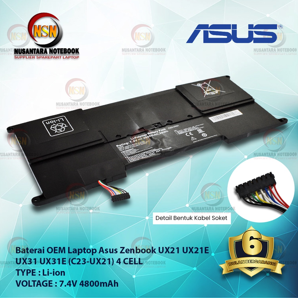 Baterai Asus Zenbook UX21, UX21E, UX31, UX31E, C23-UX21 (4 CELL) OEM 7.4V 4800mAh