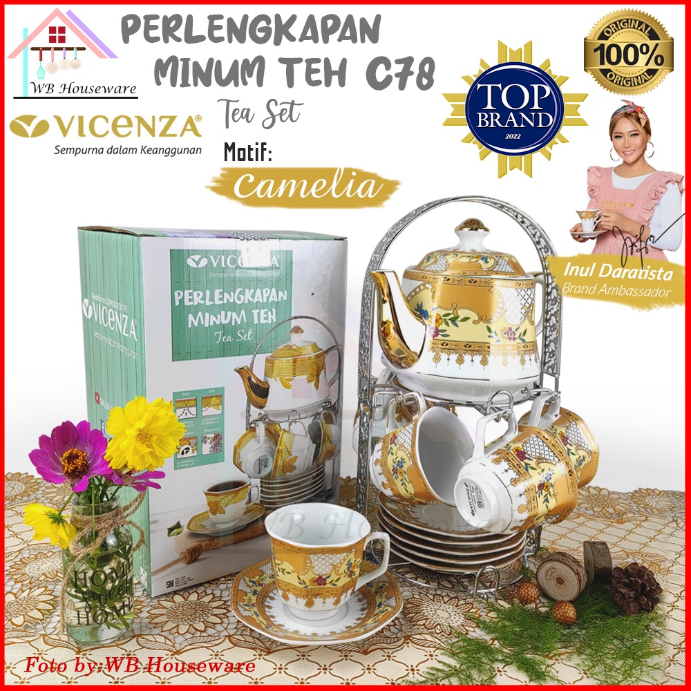 VICENZA perangkat Tea set porcelain motif camelia CA78 / cangkit set + teko / gelas teh kopi + tatak
