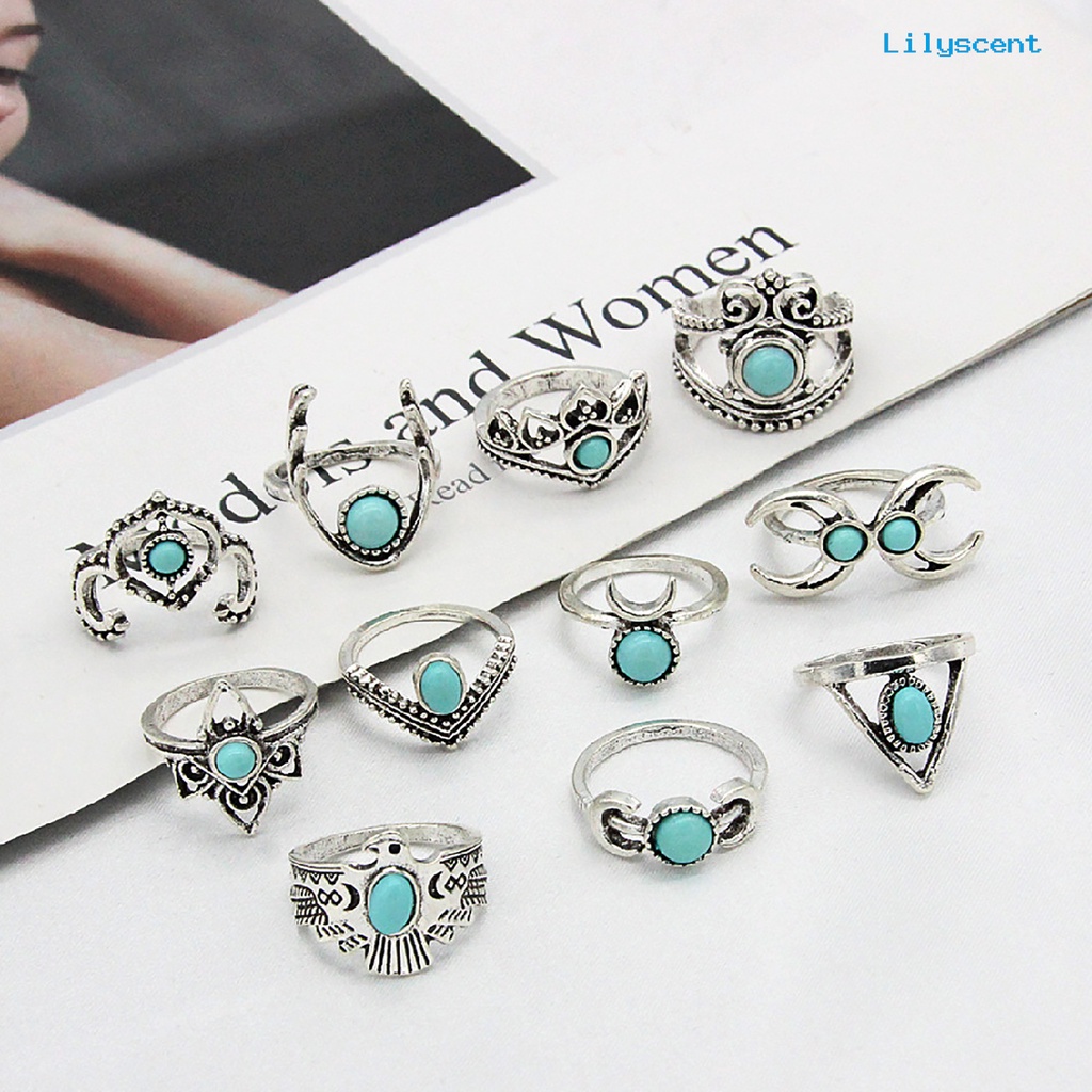 [LS]11 Pcs Berongga Bulu Stackable Knuckle Rings Gaya Etnik Bunga Permata Imitasi Jari Rings Perhiasan Aksesori