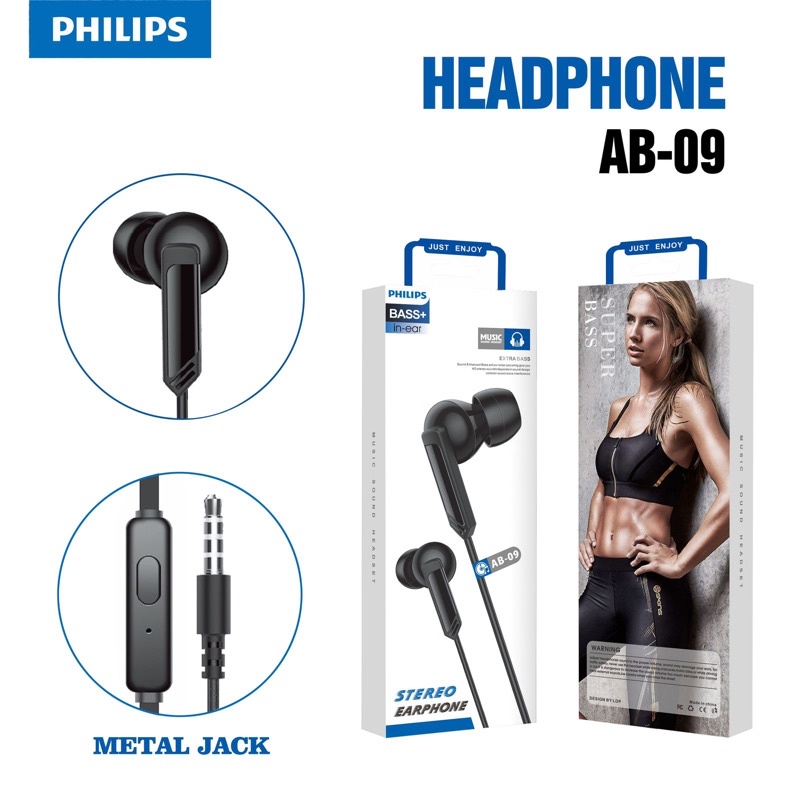 Headset Handsfree Philips + Mic Hifi Extra Bass AB-09