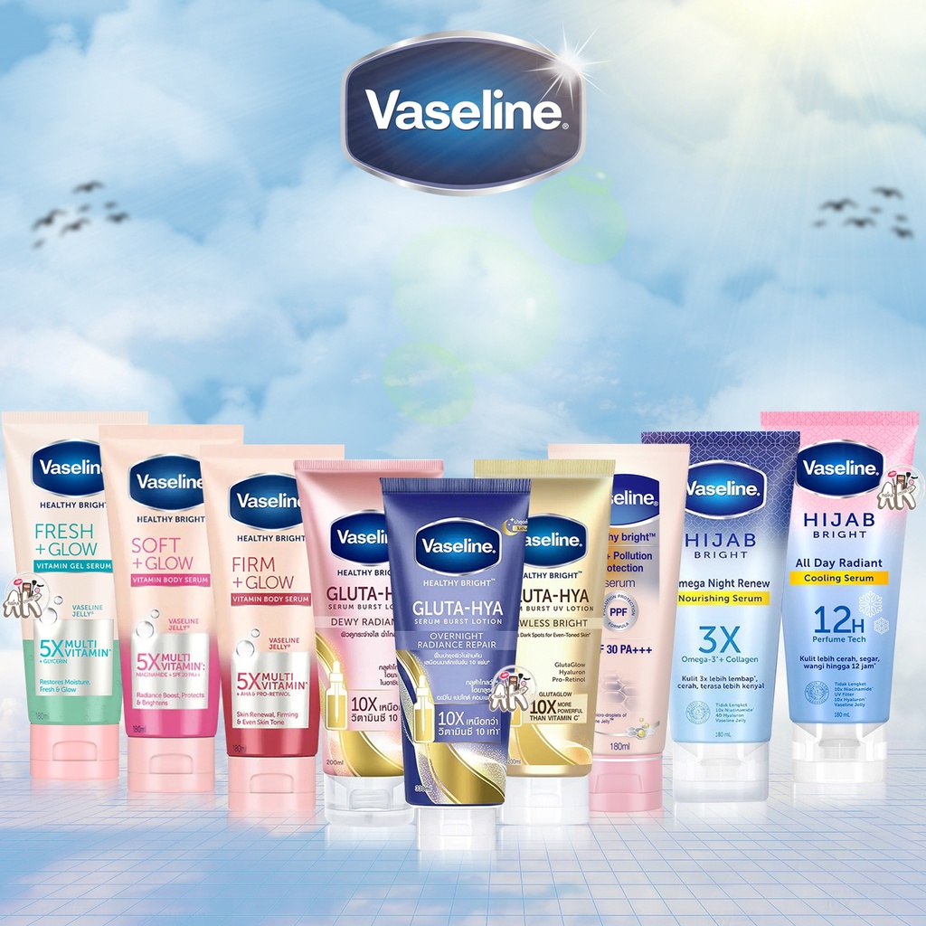 VASELINE HAND BODY SERIES ( GLUTA HYA OVER NIGHT / SUN SERUM SPF 30 PA+++ /  FRESH GLOW GEL SERUM / FIRM GLOW GEL SERUM/ SOFT GLOW GEL SERUM / GLUTA - HYA FLAWLESS BRIGHT &amp; DEWY RADIANCE SERUM / HIJAB )