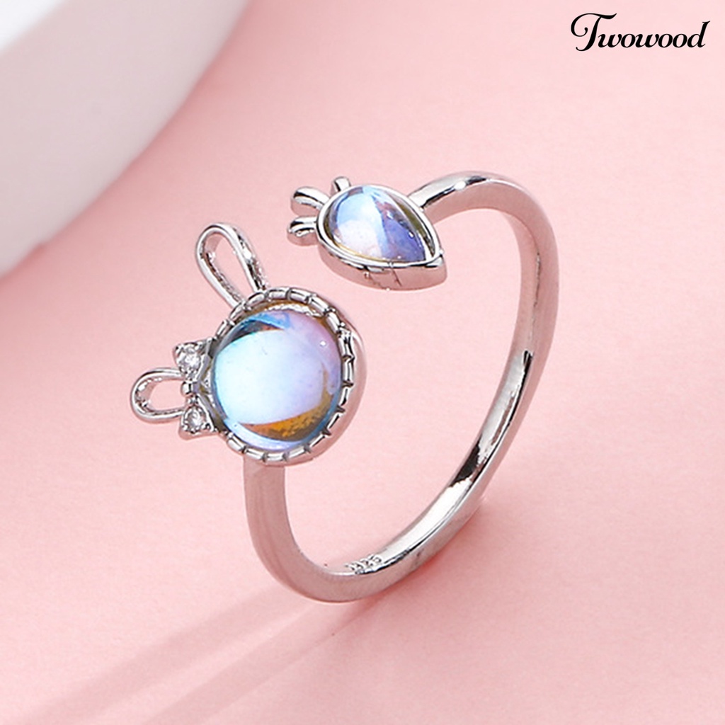 Twowood Wanita Cincin Shiny Faux Moonstone Animal Element Adjustable Opening Design Hadiah Hias Kelinci Kecil Lobak Jari Cincin Perhiasan Pesta Untuk Pacaran