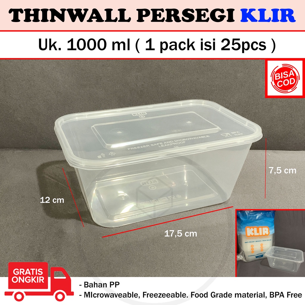 Jual Thinwall Persegi Panjang 1000ml Kotak Makan Plastik Klir Anti Pecah Anti Bocor Isi 2869