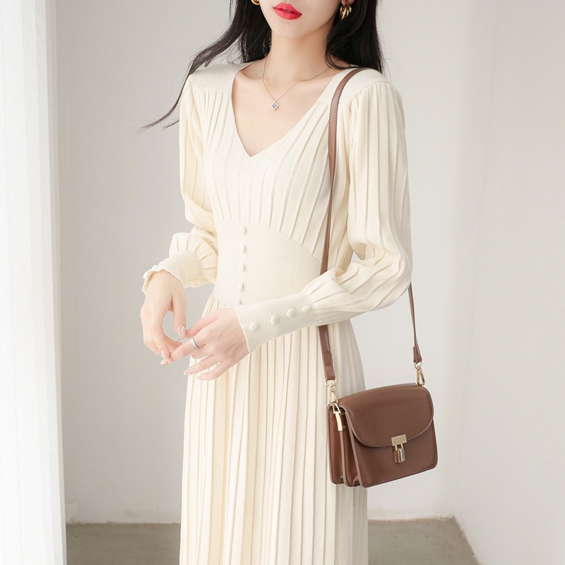 [Premium] V Neck  Long Sleeve Ribbed Stretch Midi Dresses  2355