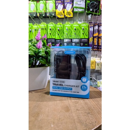 Travel Charger Kit Foomee CC09 Micro/CC05 Type-C/CC06 Lightning 2 USB Port Kabel Data 100cm