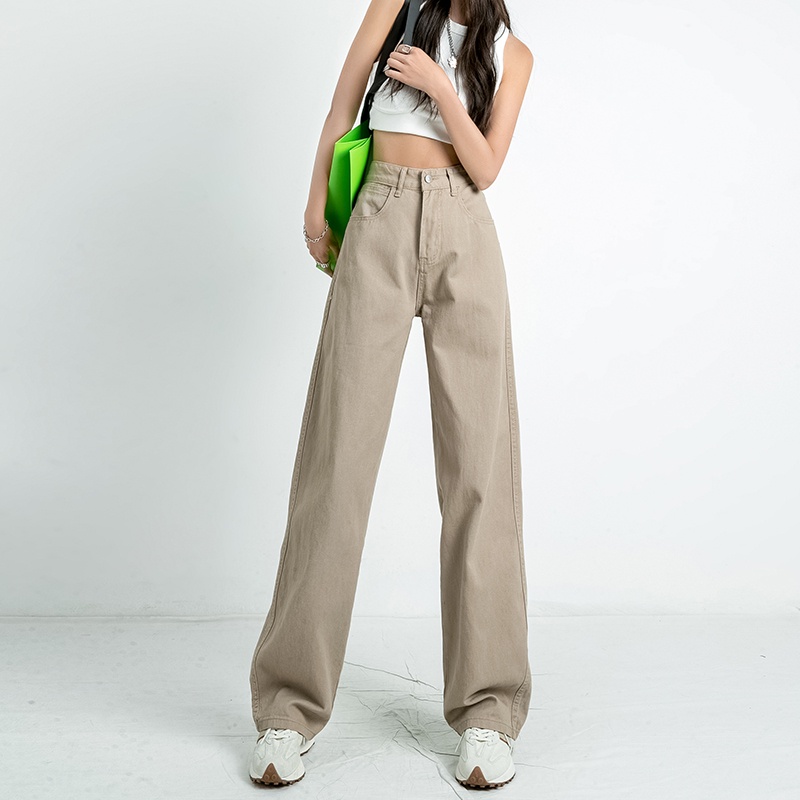 Khaki highwaist longgar celana jeans panjang wanita kulot
