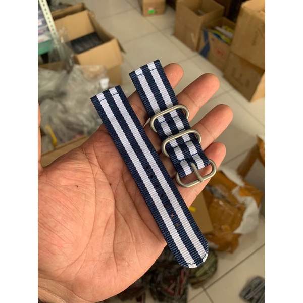 Strap Tali Jam Tangan Nato kanvas biru List putih 22MM