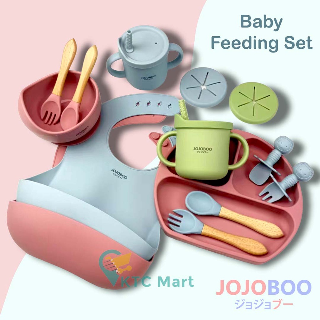 JOJOBOO - 8 in 1 Peralatan Makan Bayi Set Silicon Suction Food Grade Baby Feeding Set Anti Tumpah Anti Slip Alat Makan Bayi Baby Piring Makan Bayi Hampers Baby Kado Bayi