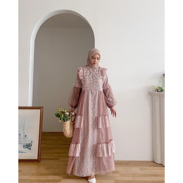 Deviena Dress Brukat Mix Tille Ld 110/Dress Brukat Kondangan/Dress Bridesmaid/Dress Pesta/Dress Tille Mewah/Dress Sage